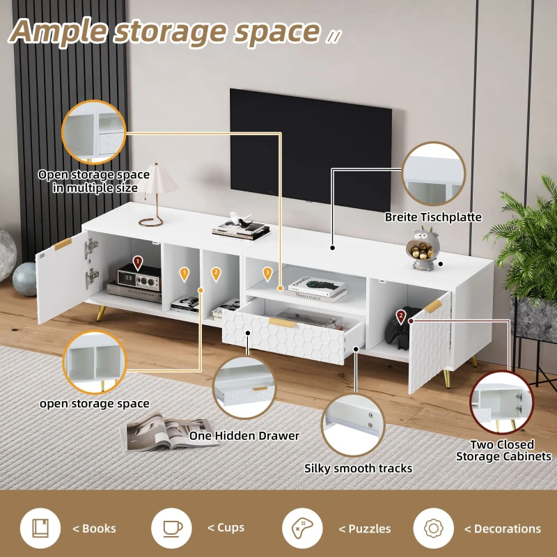 TV Stand with Storage Cabinets and Open Shelves for 80-Inch TV, Embossed Pattern Entertainment Centre, 180L x 40W x 41H cm, White