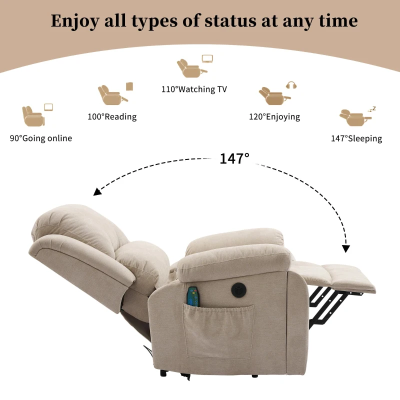 Power Massage Lift Recliner Chair with Heat and Vibration for Elderly, Fabric Sofa with Storage Pockets, Cup Holders, 90L x 94W x 101H cm, Beige