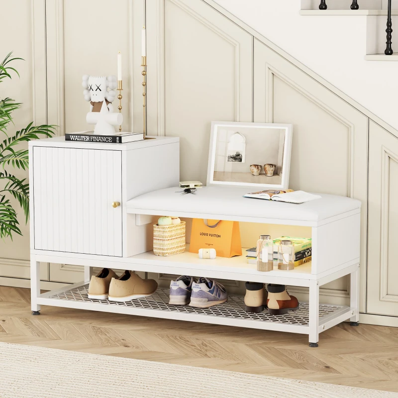 Modern Shoe Storage Bench with Padded Cushion and LED Lights, Entryway Organiser with Adjustable Shelves, 100L x 38W x 60H cm, White