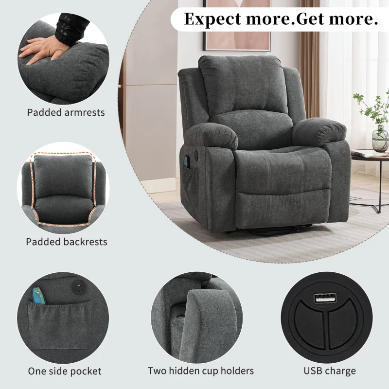 Power Massage Lift Recliner Chair with Heat and Vibration for Elderly, Heavy Duty Reclining Mechanism with Pockets, Cup Holders, Grey