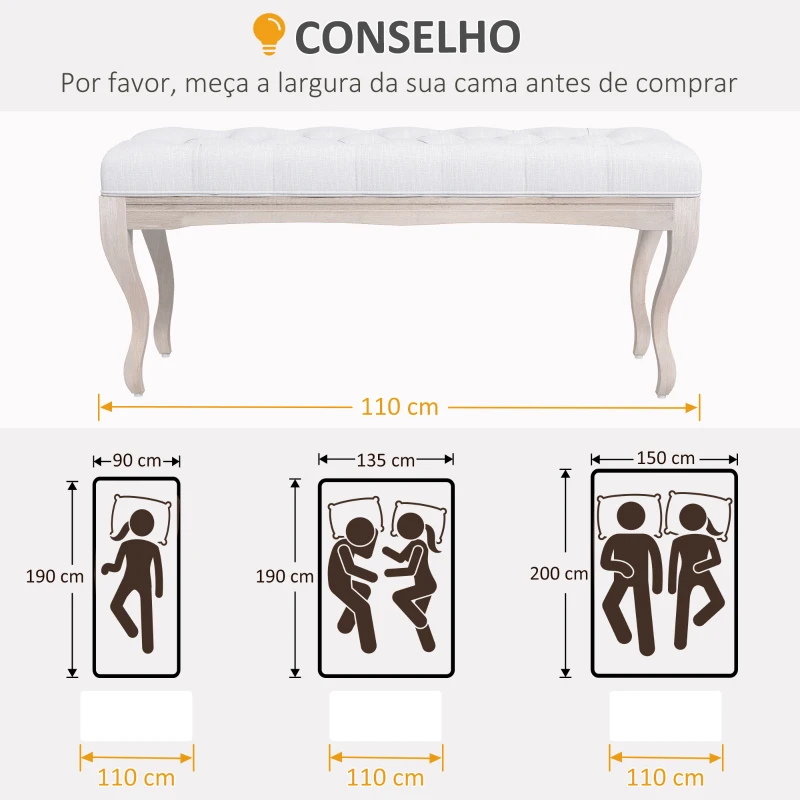 HOMCOM Banco Pé de Cama com Pés de Madeira e Assento Acolchoado para Dormitório Entrada Corredor 110x37x49 cm Creme