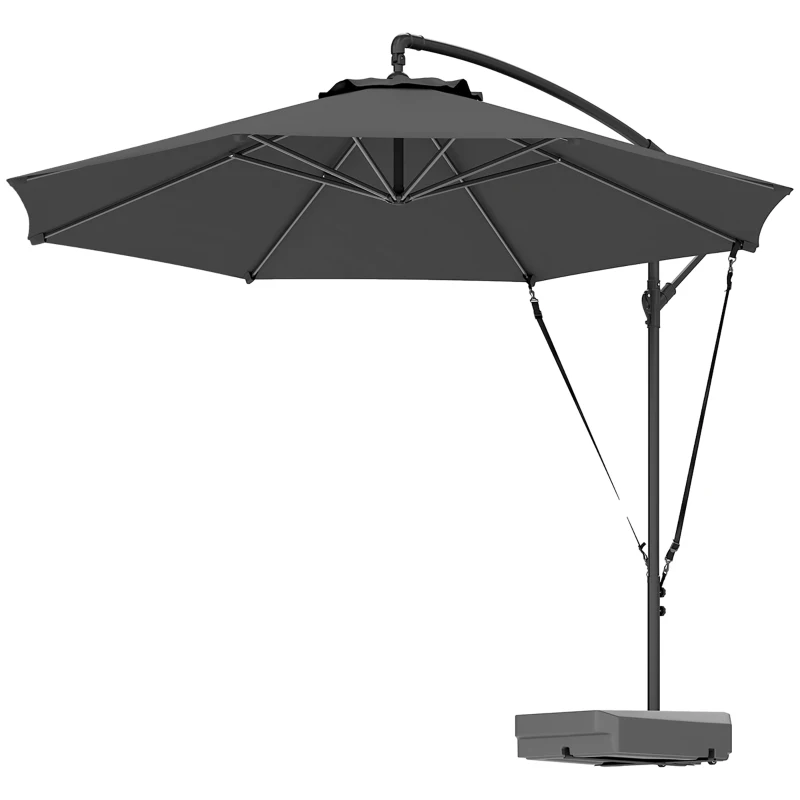 Outsunny 3(m) Garden Cantilever Parasol with Fillable Base up to 90kg, Wind Protection Strap, Cover, Round Banana Hanging Umbrella with Crank Handle and Tilt, UPF50+ Patio Umbrella, Grey