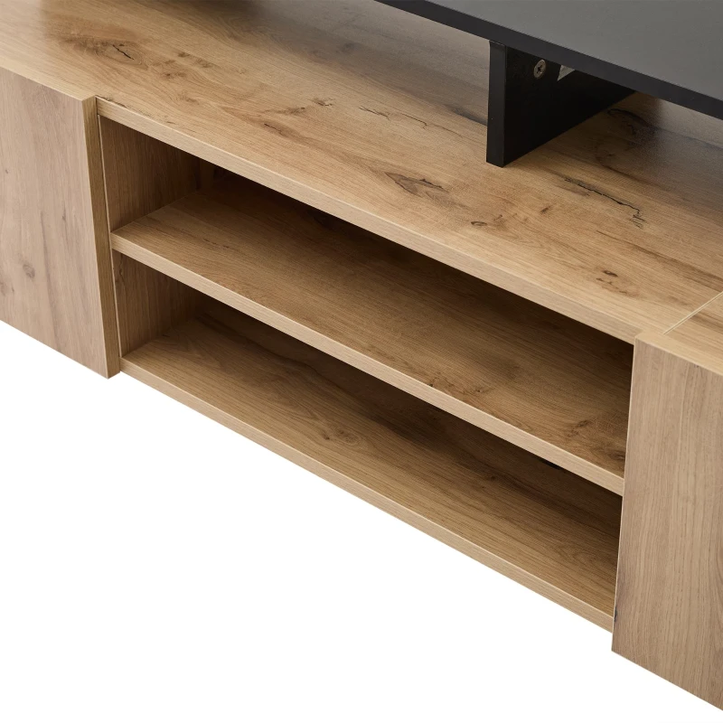 Minimalist Wooden TV Stand with 2 Cabinets and Open Shelves, Entertainment Centre for TVs Up to 70", 190L x 40W x 48.5H cm, Black+Oak
