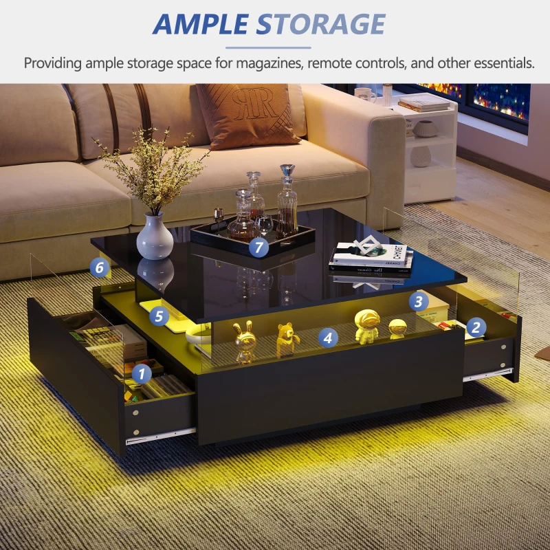 Modern LED Coffee Table with 2 Sliding Drawers and Smart App Control, Square Design, 70L x 70W x 41H cm, Black
