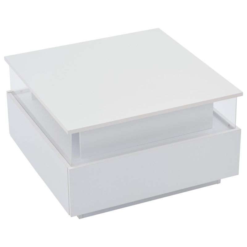 Modern LED Coffee Table with Storage and Bluetooth Control, Square Design with 2 Sliding Drawers, 70L x 70W x 41H cm, White