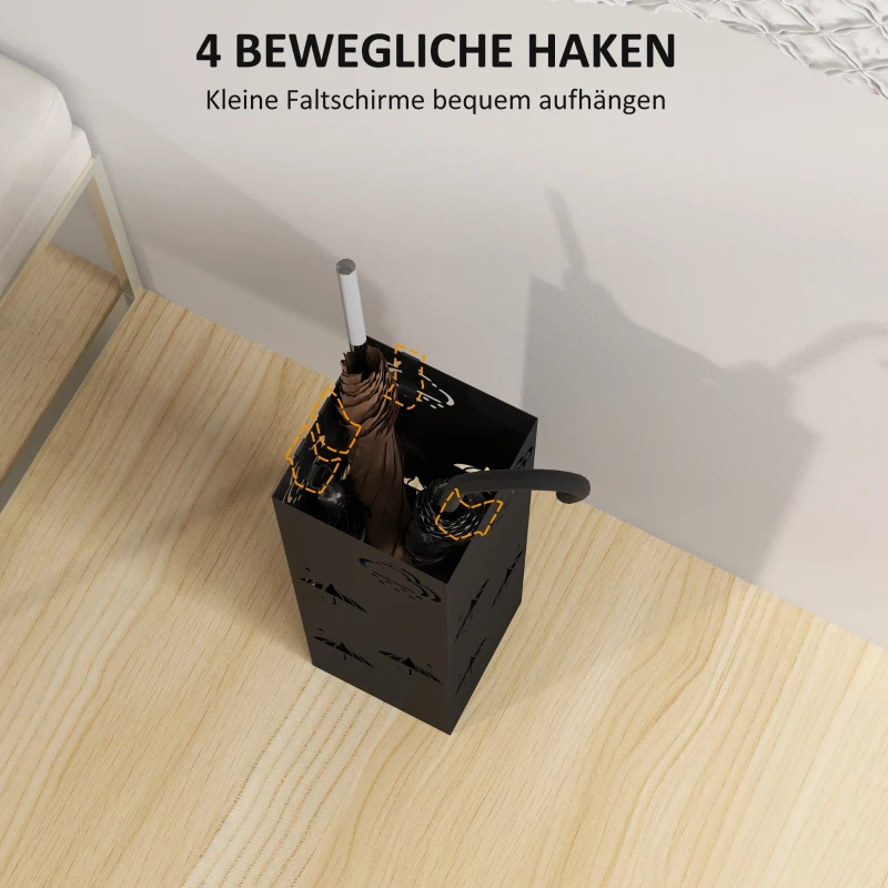 HOMCOM Metalen Paraplustandaard, 4 Haken, Wolk- en Paraplumotief, Druipbak, Zwart