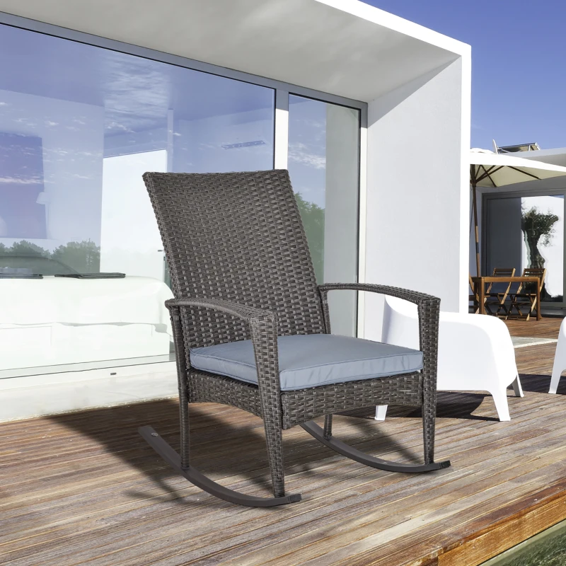 Outsunny Outdoor PE Rattan Rocking Chair, Garden Rocking Chair Set with Armrest and Cushion, Grey
