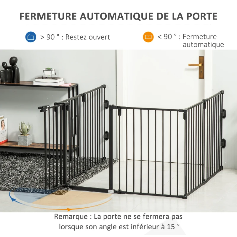 PawHut Barrière de sécurité barrière de protection cheminée parc enclos chien pliable modulable 6 panneaux avec porte sans perçage 362,5 x 76 cm noir