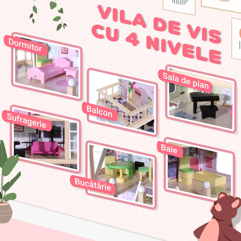 HOMCOM Casă de Păpuși pentru Copii 3+ Ani din Lemn de Pin și MDF cu 4 Etaje și 13 Accesorii, 60x30x80 cm, Roz