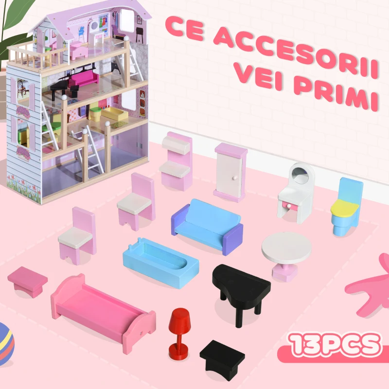 HOMCOM Casă de Păpuși pentru Copii 3+ Ani din Lemn de Pin și MDF cu 4 Etaje și 13 Accesorii, 60x30x80 cm, Roz