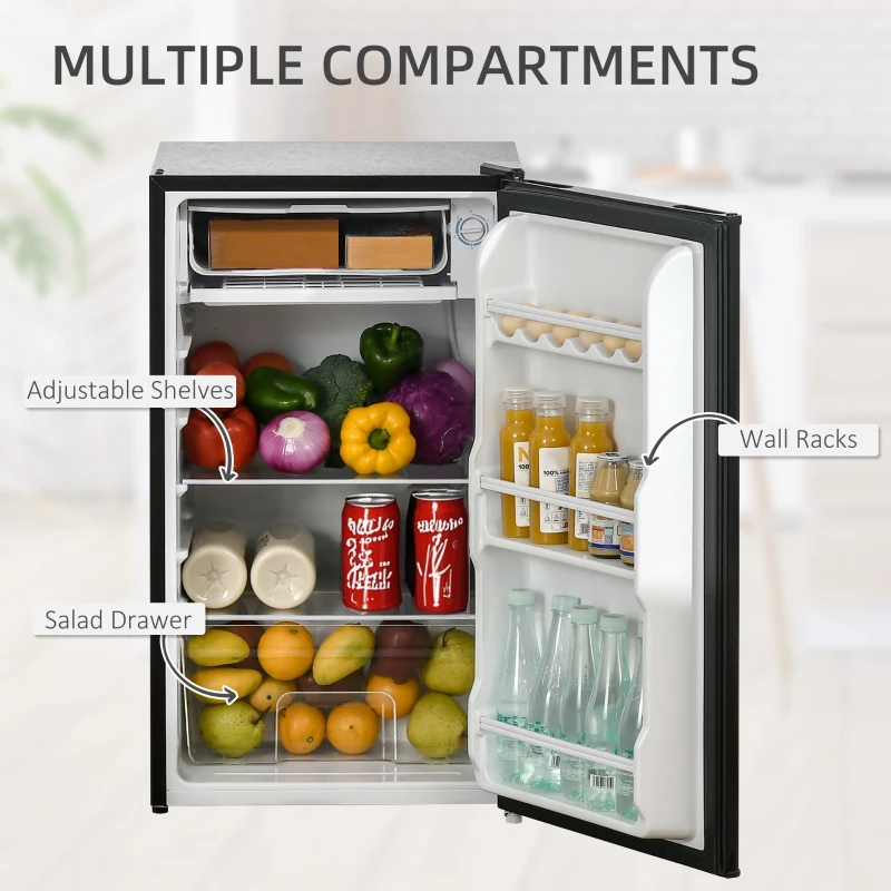 HOMCOM Under Counter Fridge, 91L Small Fridge with Chiller Box, Removable Shelf, Reversible Door, Adjustable Legs, Mini Refrigerator, Black
