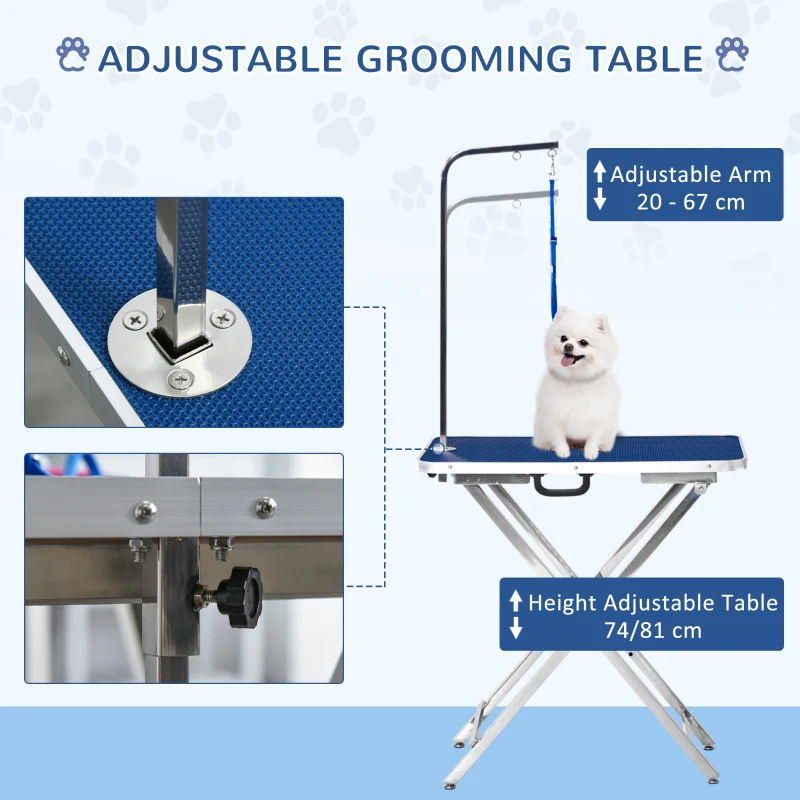 PawHut Masa Toaleta pentru Animale Pliabila cu Maner Brat Reglabil Lesa, 70x45x74-81cm Albastru