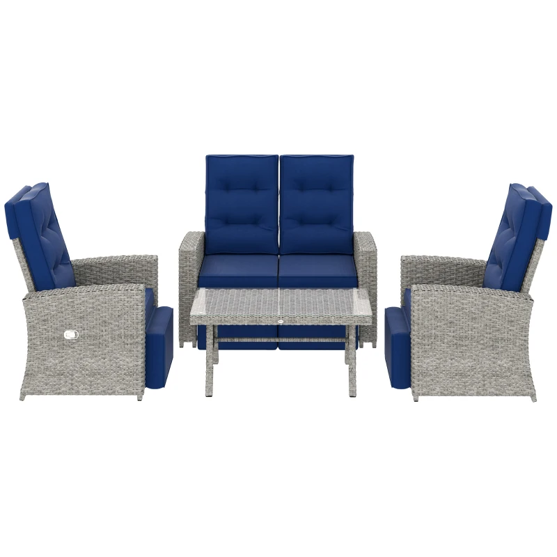 Outsunny 4 Piece Rattan Garden Furniture Set Outdoor Sofa Sectional Set with Glass Top Table for Poolside, Navy Blue