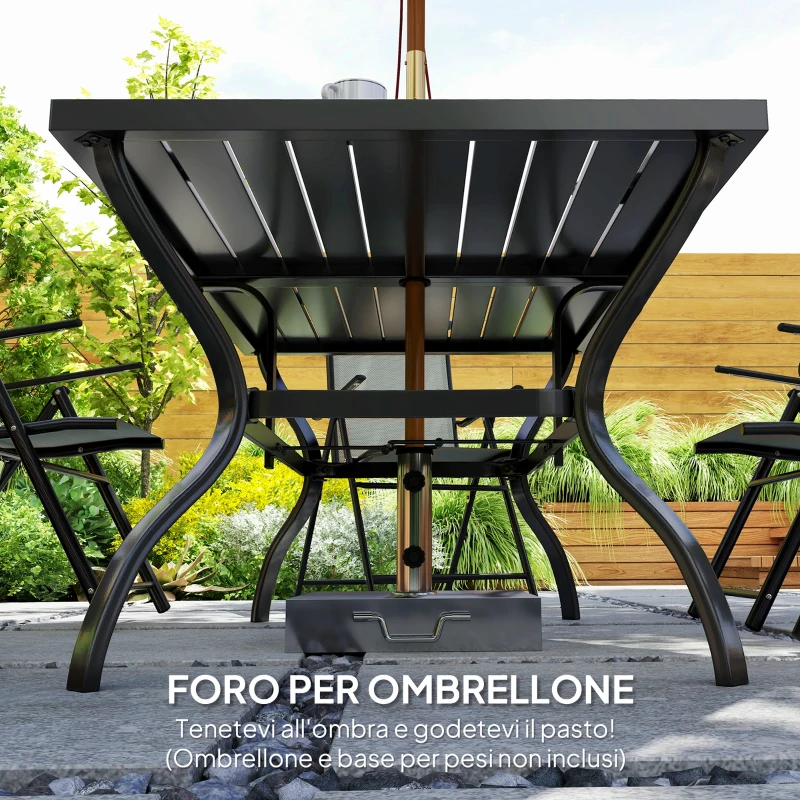 Outsunny Set da Giardino 7 Pezzi con Tavolo da Pranzo con Foro per Ombrellone e 6 Sedie Pieghevoli, Grigio