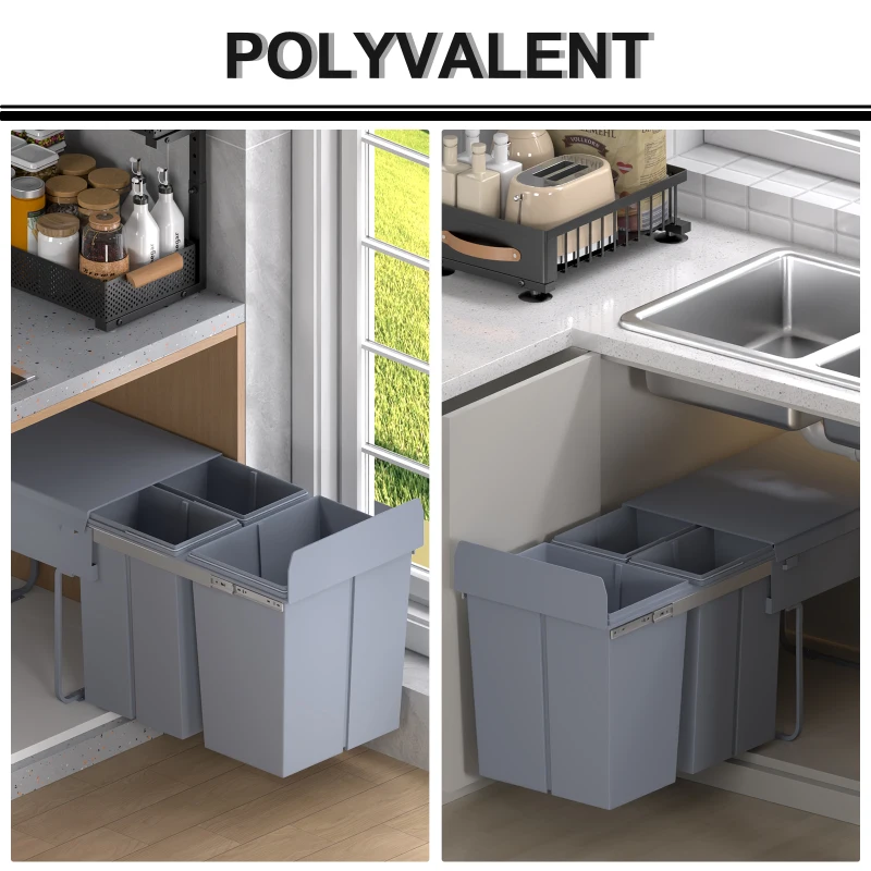 HOMCOM Poubelle coulissante 40L avec 3 bacs amovibles pour tri sélectif 2 x 10L et 1 x 20L - gris