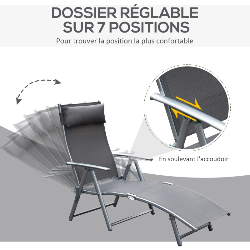 Outsunny transat Chaise Longue Bain de Soleil Pliable Dossier inclinable Multi-Positions têtière fournie 137L x 64l x 101H cm métal époxy textilène Gris