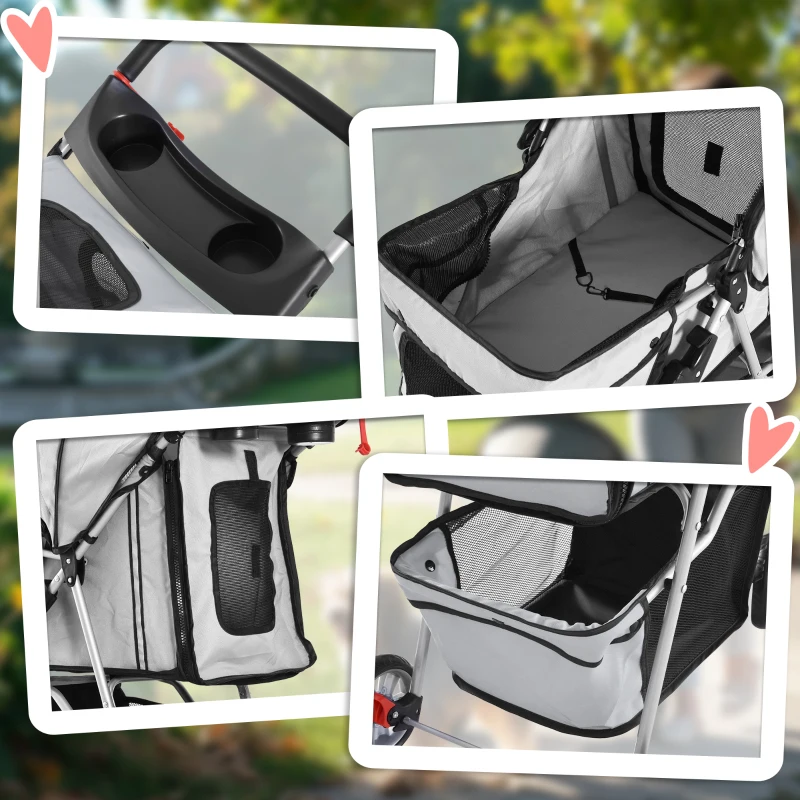 PawHut Poussette buggy pliable animaux, chariot pliant chien chat, porte-gobelet panier de rangement inclus, roues avec frein, tissu 600D Oxford acier, 75 x 45 x 97 cm gris(m-8)
