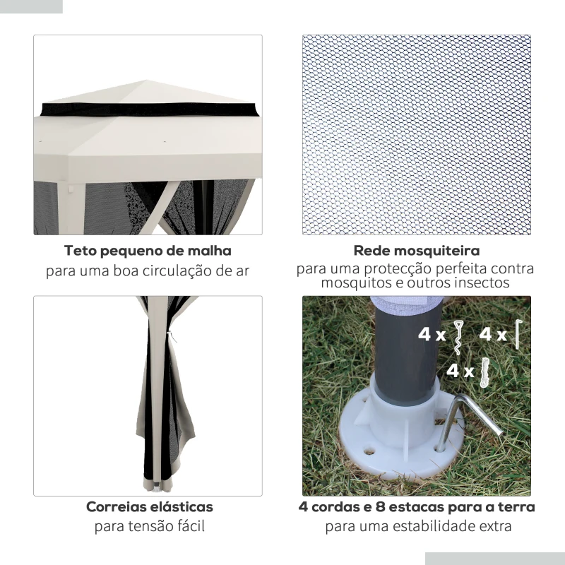 Outsunny Pérgola de Jardim com 4 Mosquiteiras Teto Duplo 8 Orifícios de Drenagem e Estrutura de Metal 297x297x268 cm Creme