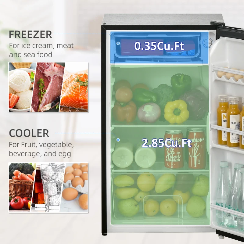 HOMCOM Under Counter Fridge, 91L Small Fridge with Chiller Box, Removable Shelf, Reversible Door, Adjustable Legs, Mini Refrigerator, Black
