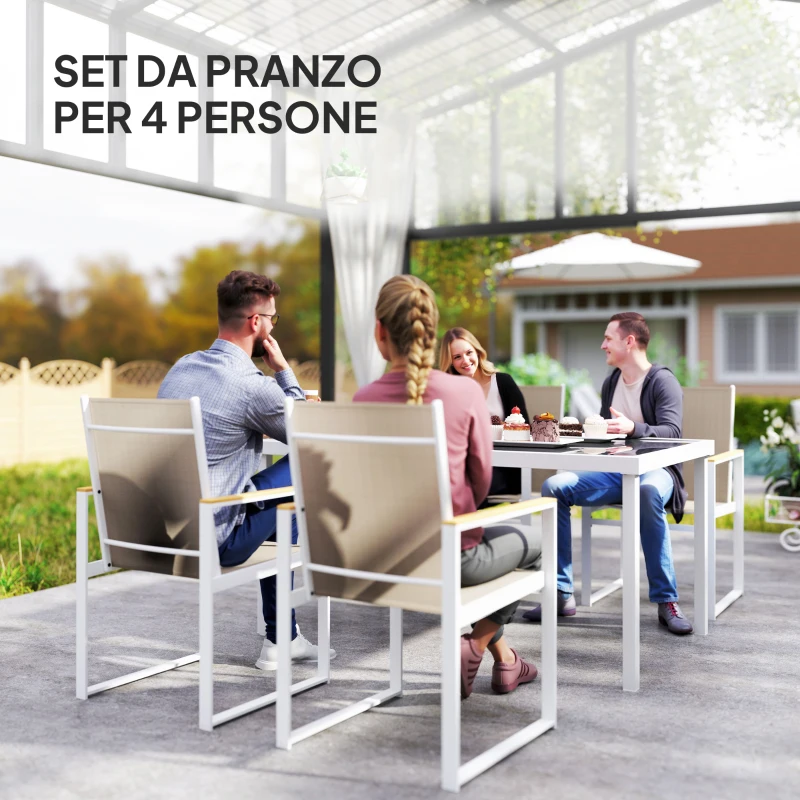 Outsunny Set da Giardino con Tavolo da Pranzo in Vetro Rettangolare e 4 Sedie con Braccioli, Multicolore