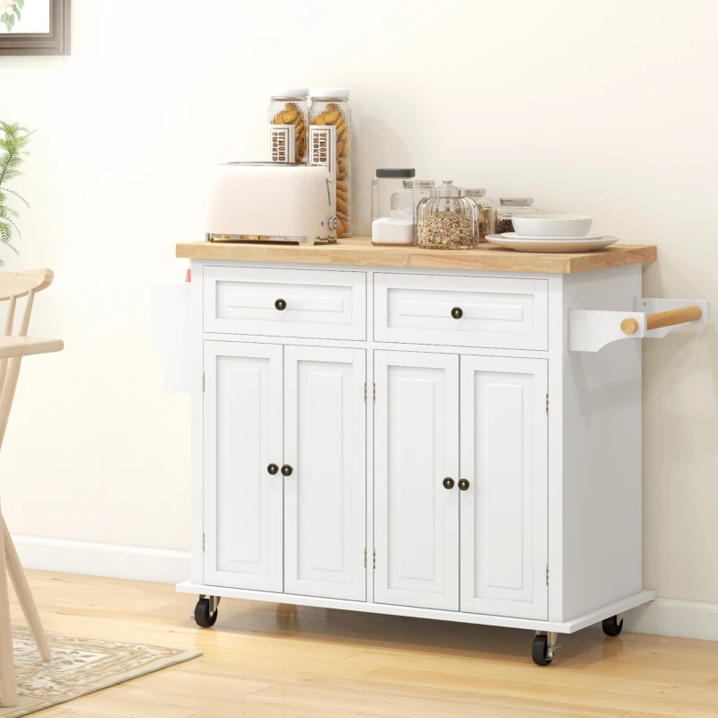 HOMCOM Rolling Kitchen Island Storage Trolley with Rubber Wood Top & Drawers for Dining Room, Cream White