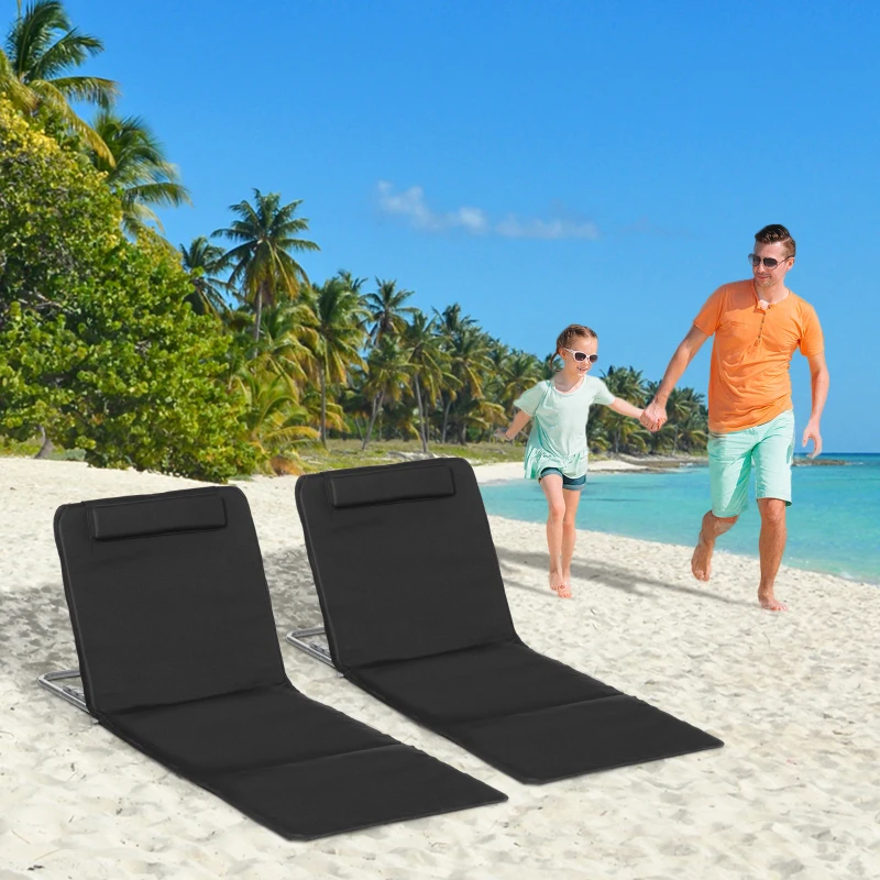 Outsunny Lot de 2 Tapis de Plage rembourré - Matelas de Plage - nattes de Plage - Dossier inclinable Multi-Positions - Sac Transport Inclus - métal Polyester PE Noir