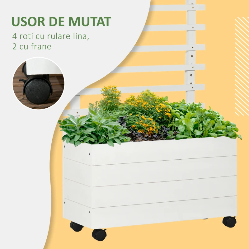 Outsunny Jardiniera inaltata verticala cu 4 roti si suport pentru plantele cataratoare, din  lemn de brad, 76x30x155cm, alb