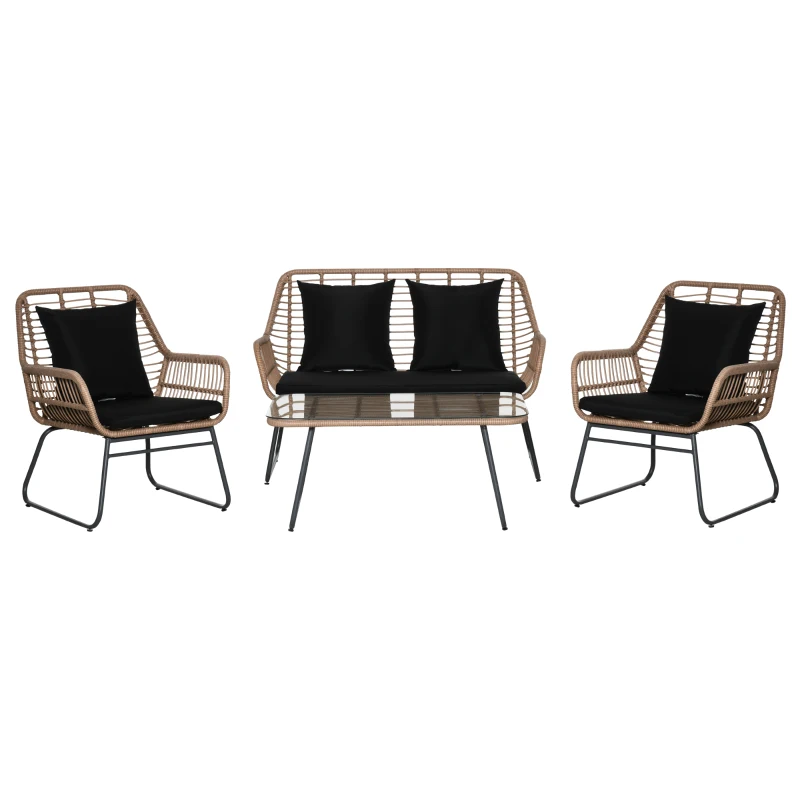 Outsunny Ensemble salon de jardin en résine tressée 2 fauteuils 1 canapé 2 places 1 table en verre trempé coussins assise dossier déhoussables