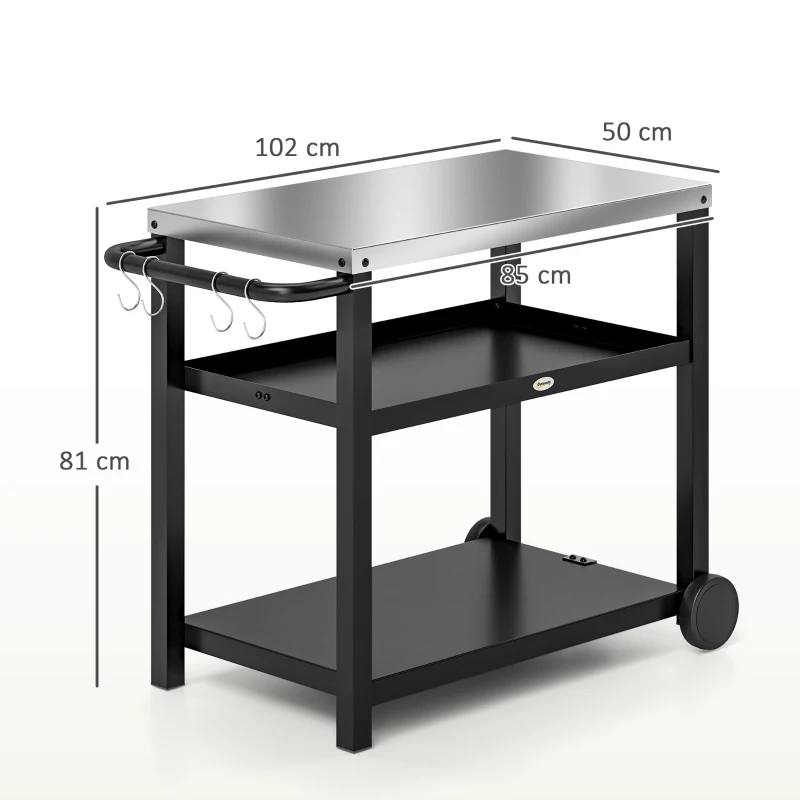 Outsunny Outdoor Grill Dining Cart 3-Shelf Movable Pizza Oven Table Stand with Stainless Steel Top, Portable BBQ Trolley Food Prep Outdoor Kitchen Barbecue Station with Hooks Wheels, Charcoal Grey