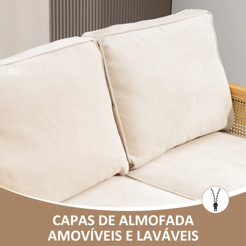 HOMCOM Sofá de 2 Lugares Estofado em Chenille com 2 Almofadas Laváveis e Apoio para os Braços em Vime Sintético 123x75x88 cm Bege