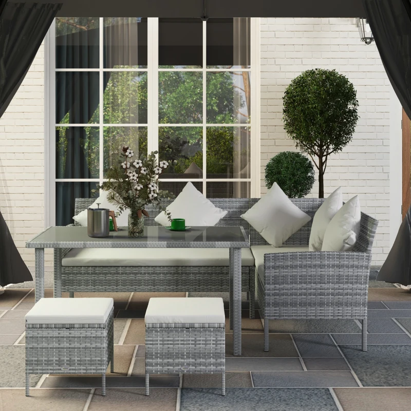 Outsunny 6-Seater Rattan Dining Set Sofa Table Footstool Outdoor w/ Cushion Garden Furniture