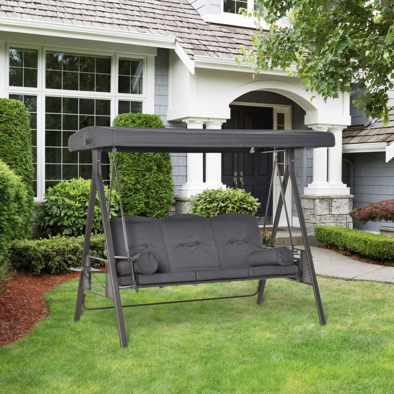 Outsunny 3 Seater Garden Swing Chair Outdoor Hammock Bench w/ Adjustable Canopy, Cushions and Cup Trays, Brown Steel Frame, Dark Grey Fabric