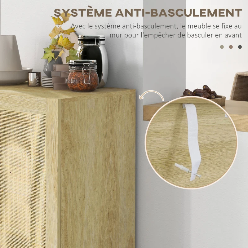 HOMCOM Buffet haut meuble de rangement design bohème double portes avec 3 étagères en cannage - 73 x 41 x 102 cm
