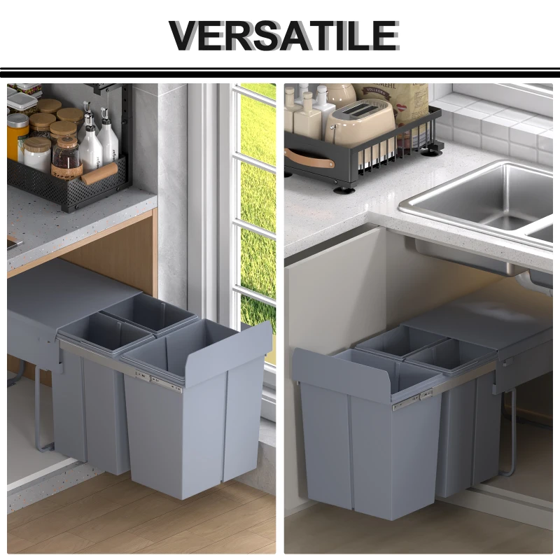 HOMCOM Pattumiera Estraibile da 40L con 3 Contenitori per Raccolta Differenziata, 48x34.2x41.8 cm, Grigio