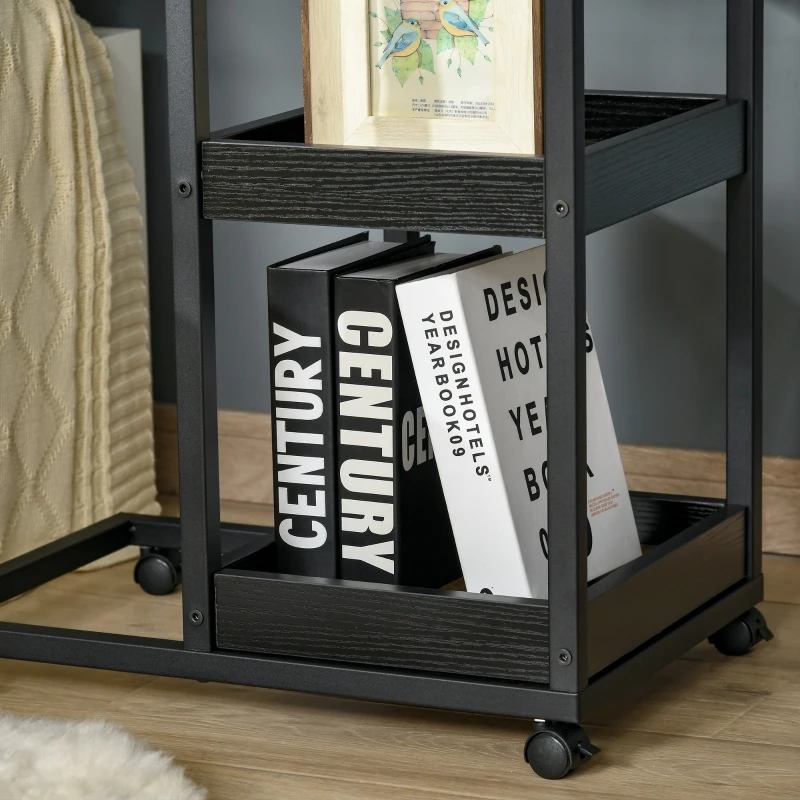 HOMCOM Mobile Sofa Side Table Set of 2, Industrial C-Shaped Rolling Table with 3-Tier Storage Shelving, Four Lockable Wheels Steel Frame, Dark Brown