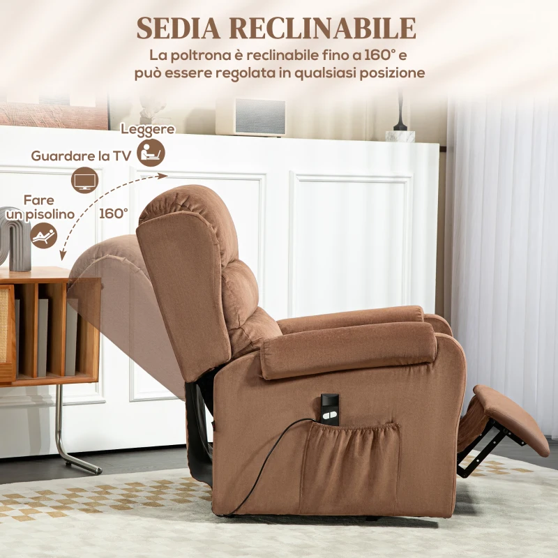 HOMCOM Poltrona Alzapersona Reclinabile a 160° con Poggiapiedi e Telecomando, in Velluto, 85x88x109 cm, Marrone