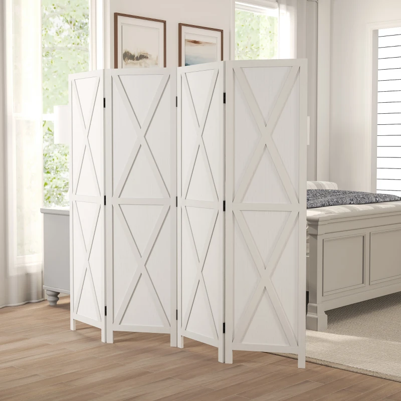 HOMCOM Biombo de 4 Paneles Separador de Ambientes Plegable 182x170 cm Divisor de Espacios Elegante Blanco