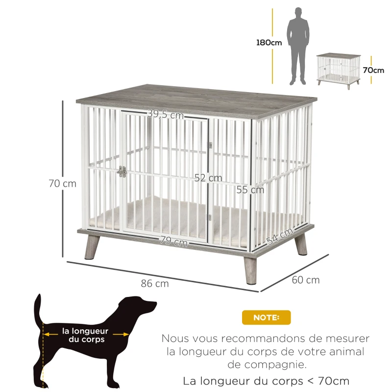 PawHut Cage pour chien moyens animaux avec coussin amovible lavable porte verrouillable avec loquet acier panneaux de particules blanc chêne gris