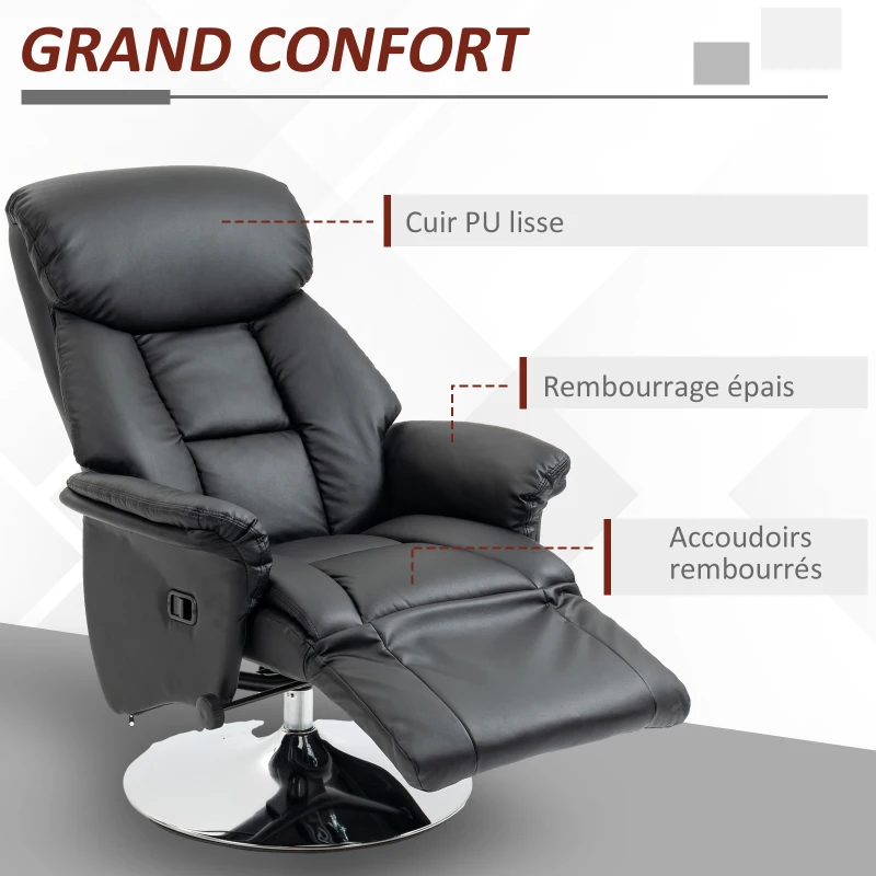HOMCOM Fauteuil de relaxation inclinable pivotant repose-pied réglable, jusqu'à 150 kg, pour salon, chambre, home cinéma, noir