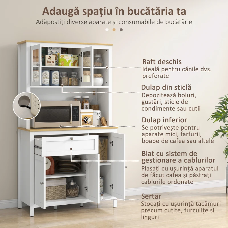 HOMCOM Bufet de Bucătărie cu Sertare, Rafturi Deschise și Rafturi Reglabile din Lemn MDF, 100x40x180 cm, Alb(m-5)