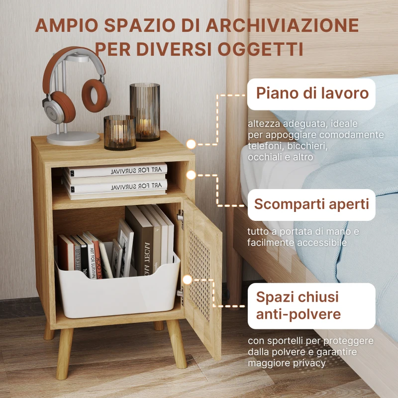 HOMCOM Set 2 Comodini in Stile Boho con Armadietto e Ripiano Aperto, in Truciolato, Rattan e MDF, 39x35x60 cm