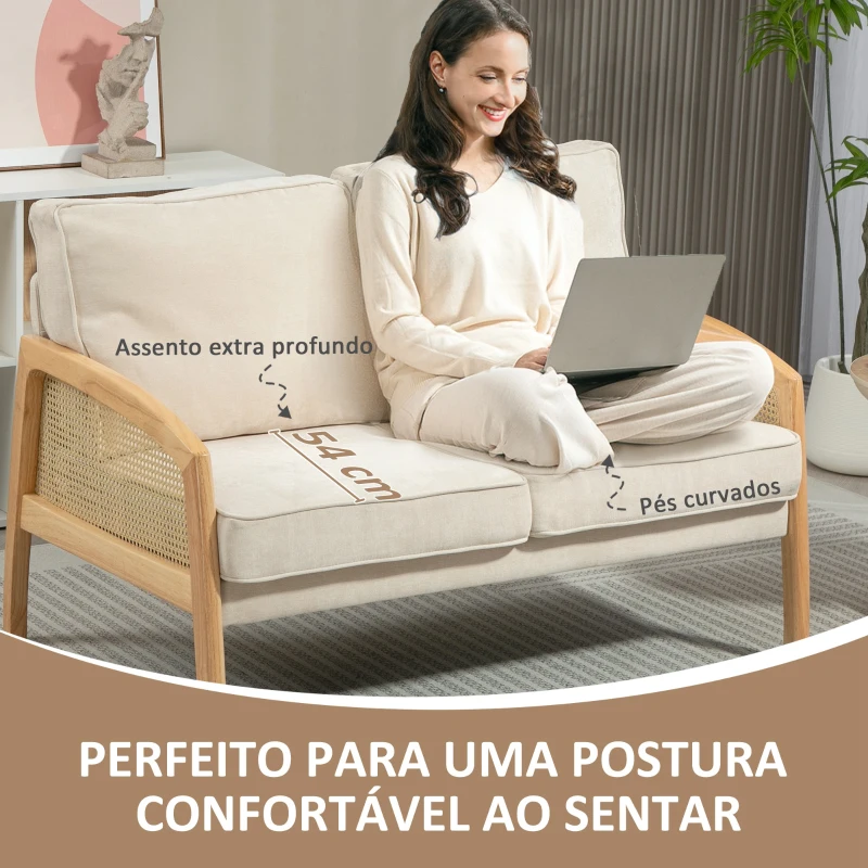 HOMCOM Sofá de 2 Lugares Estofado em Chenille com 2 Almofadas Laváveis e Apoio para os Braços em Vime Sintético 123x75x88 cm Bege