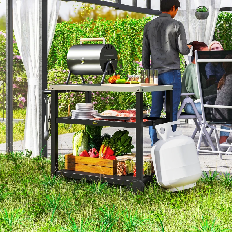 Outsunny Outdoor Grill Dining Cart 3-Shelf Movable Pizza Oven Table Stand with Stainless Steel Top, Portable BBQ Trolley Food Prep Outdoor Kitchen Barbecue Station with Hooks Wheels, Charcoal Grey