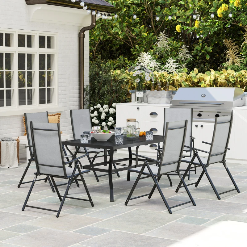 Outsunny Set da Giardino 7 Pezzi con Tavolo da Pranzo con Foro per Ombrellone e 6 Sedie Pieghevoli, Grigio