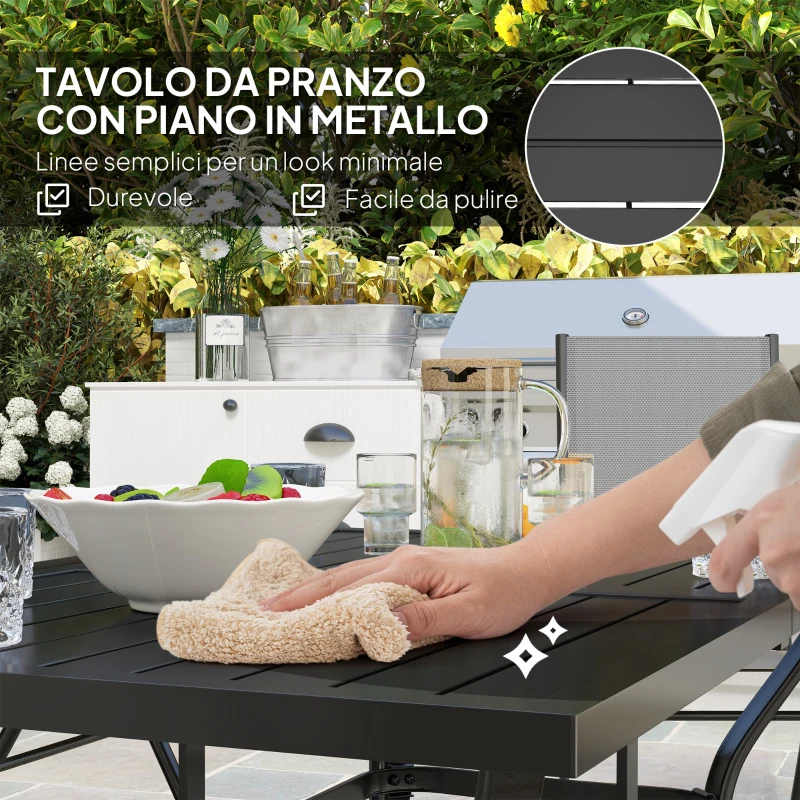 Outsunny Set da Giardino 7 Pezzi con Tavolo da Pranzo con Foro per Ombrellone e 6 Sedie Pieghevoli, Grigio