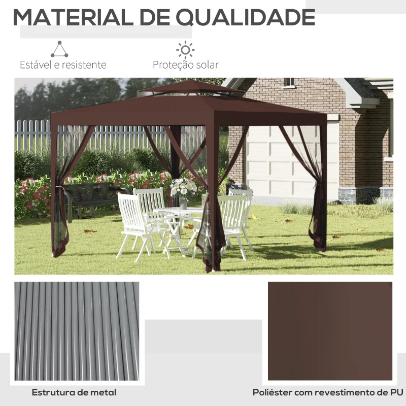 Outsunny Pérgola de Jardim 297x297x268 cm com 4 Redes Mosquiteiras Laterais Teto de Ventilação e 8 Orifícios de Drenagem Marrom