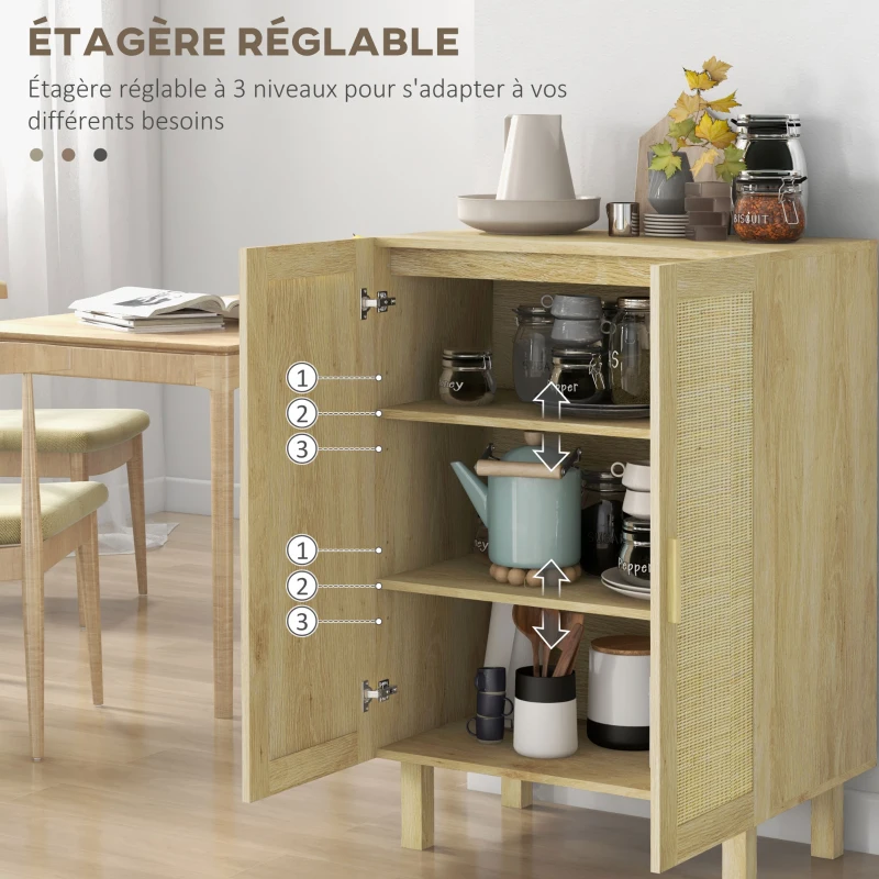 HOMCOM Buffet haut meuble de rangement design bohème double portes avec 3 étagères en cannage - 73 x 41 x 102 cm