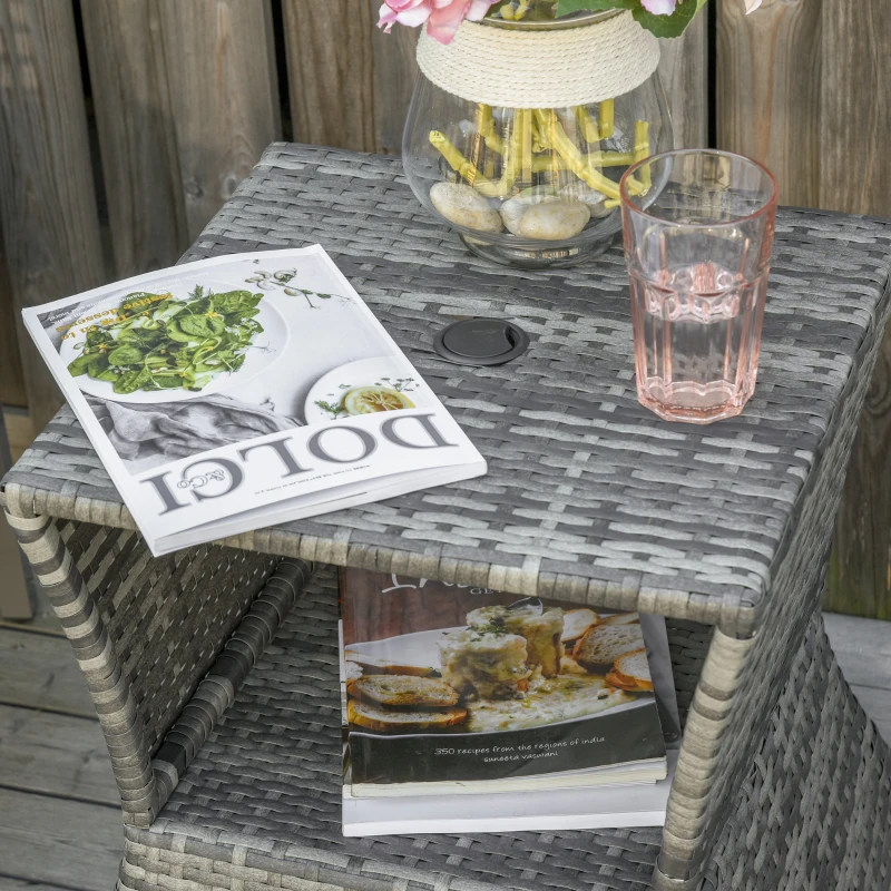 Outsunny Outdoor Patio Rattan Wicker Coffee Table Bistro Side Table w/ Umbrella Hole and Storage Space, Grey