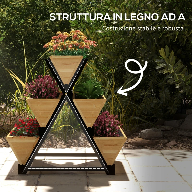 Outsunny Fioriera da Esterno a 3 Livelli con 5 Strutture in Legno di Abete con Fori di Drenaggio, 75x78x77 cm