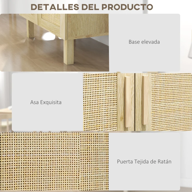 HOMCOM Armario de Salón con 2 Puertas de Rejilla y Estantes Ajustables Aparador de Estilo Bohemio 73x41x102 cm Natural